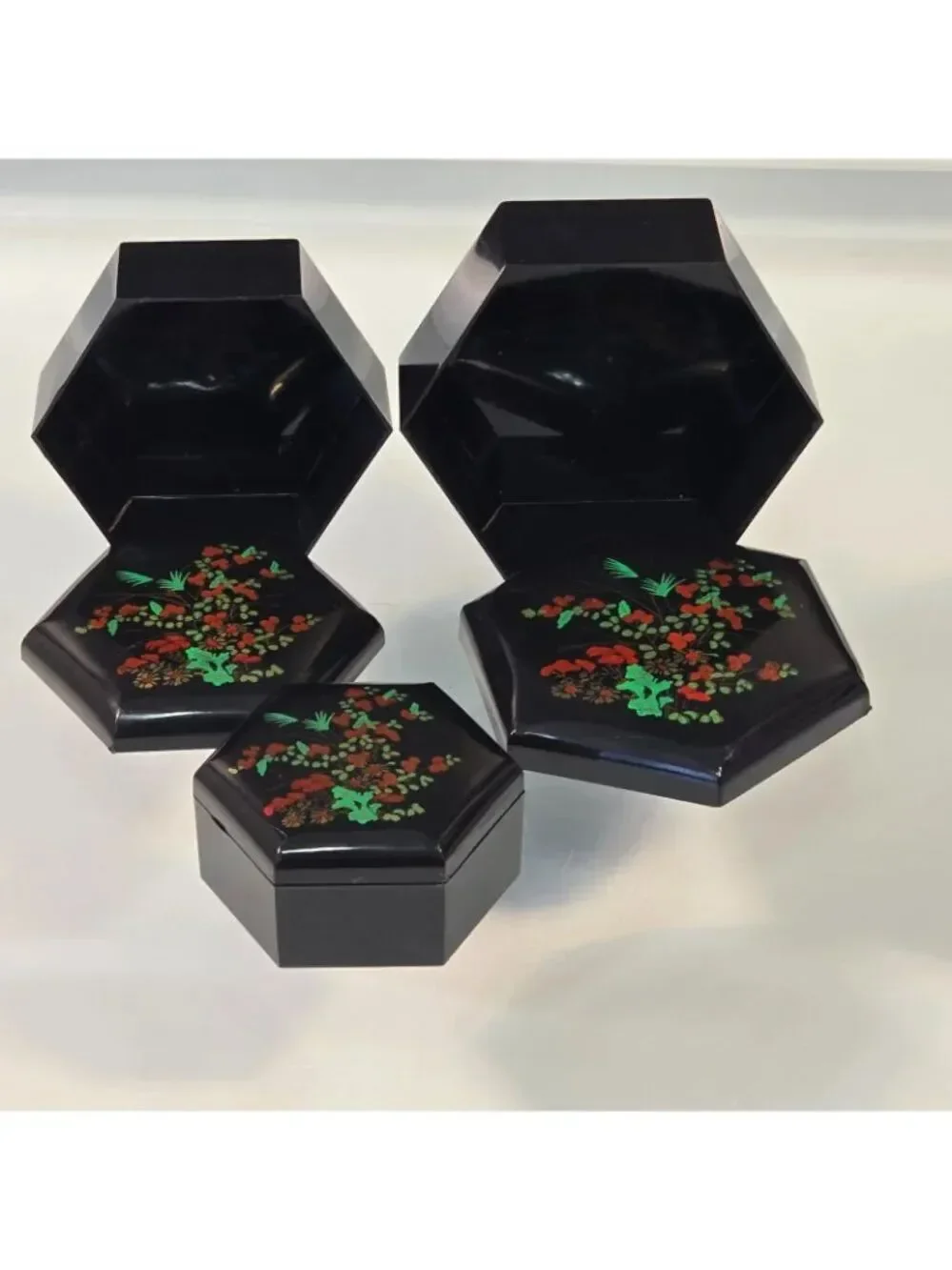 Vintage Set 3 Hexagonal Nesting Celluloid Floral Trinket Boxes Made in Hong Kong